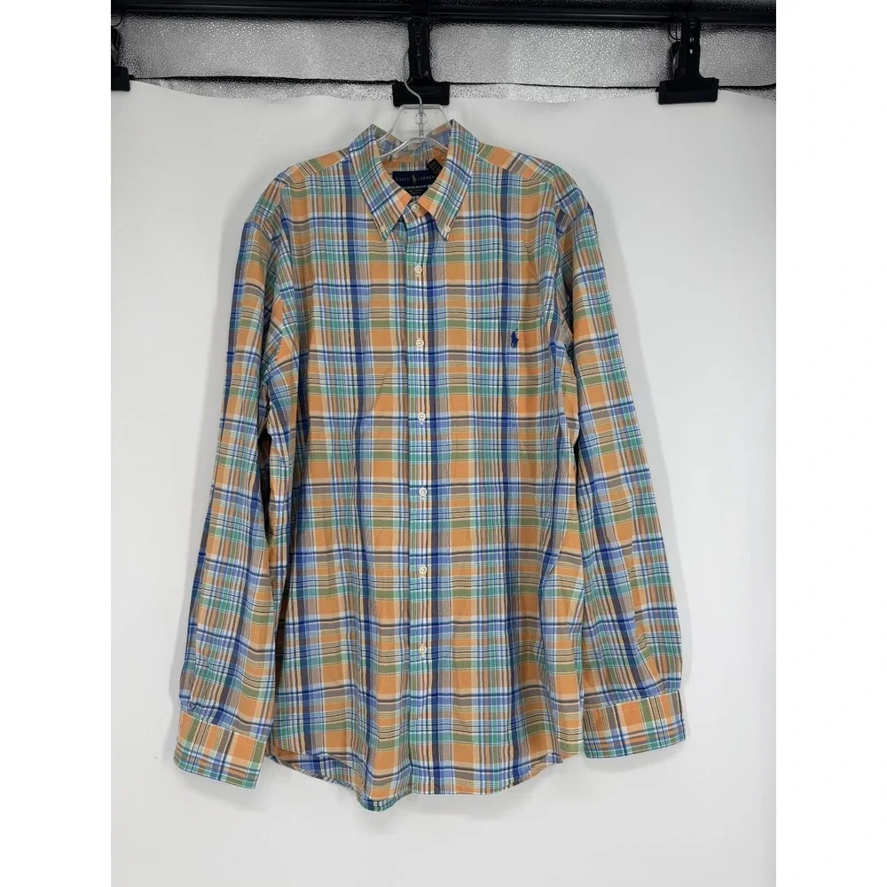 Polo Ralph Lauren Shirt Orange Blue Plaid Cotton Stretch Long Sleeve Button Down